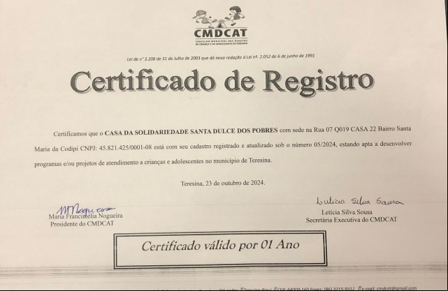 Casa Santa Dulce Conquista Registro no Conselho Municipal dos Direitos da CrianÃ§a e do Adolescente de Teresina